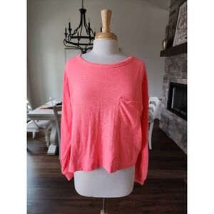 Aerie Coral Pink Cropped Long Sleeve Pocket T Shirt Women Size S